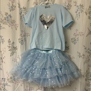 Rachel Riley Light Blue Tee with Sequin Heart and Glitter Bow